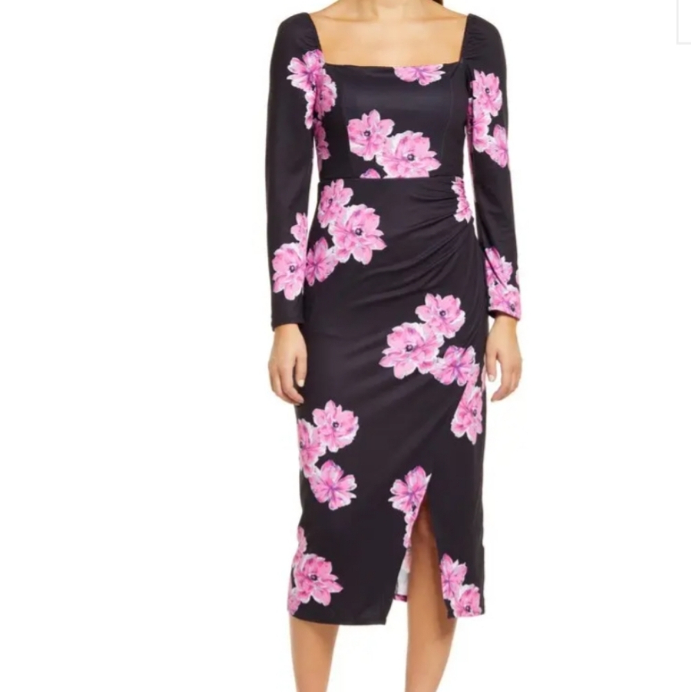 Wayf Black Midi Dress With Pink Flowers Square Neckline and Side Slit Size Small